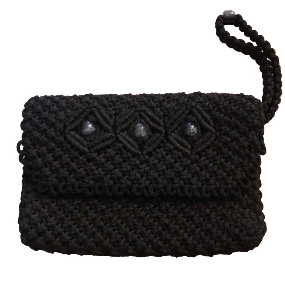 Vintage 1980’s Small Black Fabric Clutch with Wrist Strap, Wristlet